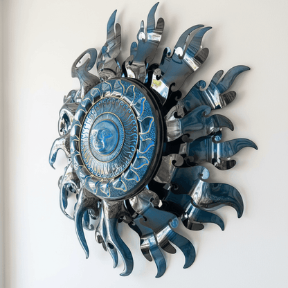 Giant Sun Wall Art with Light Fixture | Handmade Mexican Metalwork