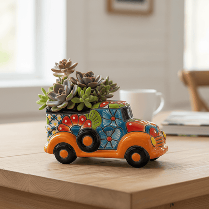 Hand-Painted Talavera Car Planter | Colorful Ceramic Car Statue