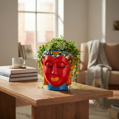Talavera Face Planter | Hand-Painted Mexican Lady Pot Folk Art