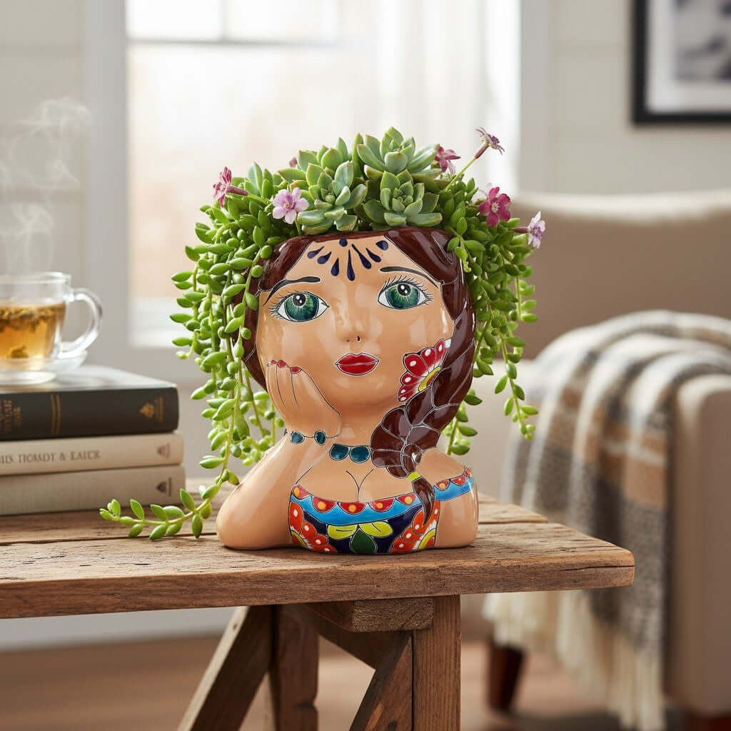 Talavera Lady Planter | Hand-Painted Mexican Decor