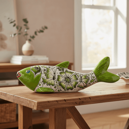 Large Handmade Talavera Fish Statue | Colorful Cultural Art