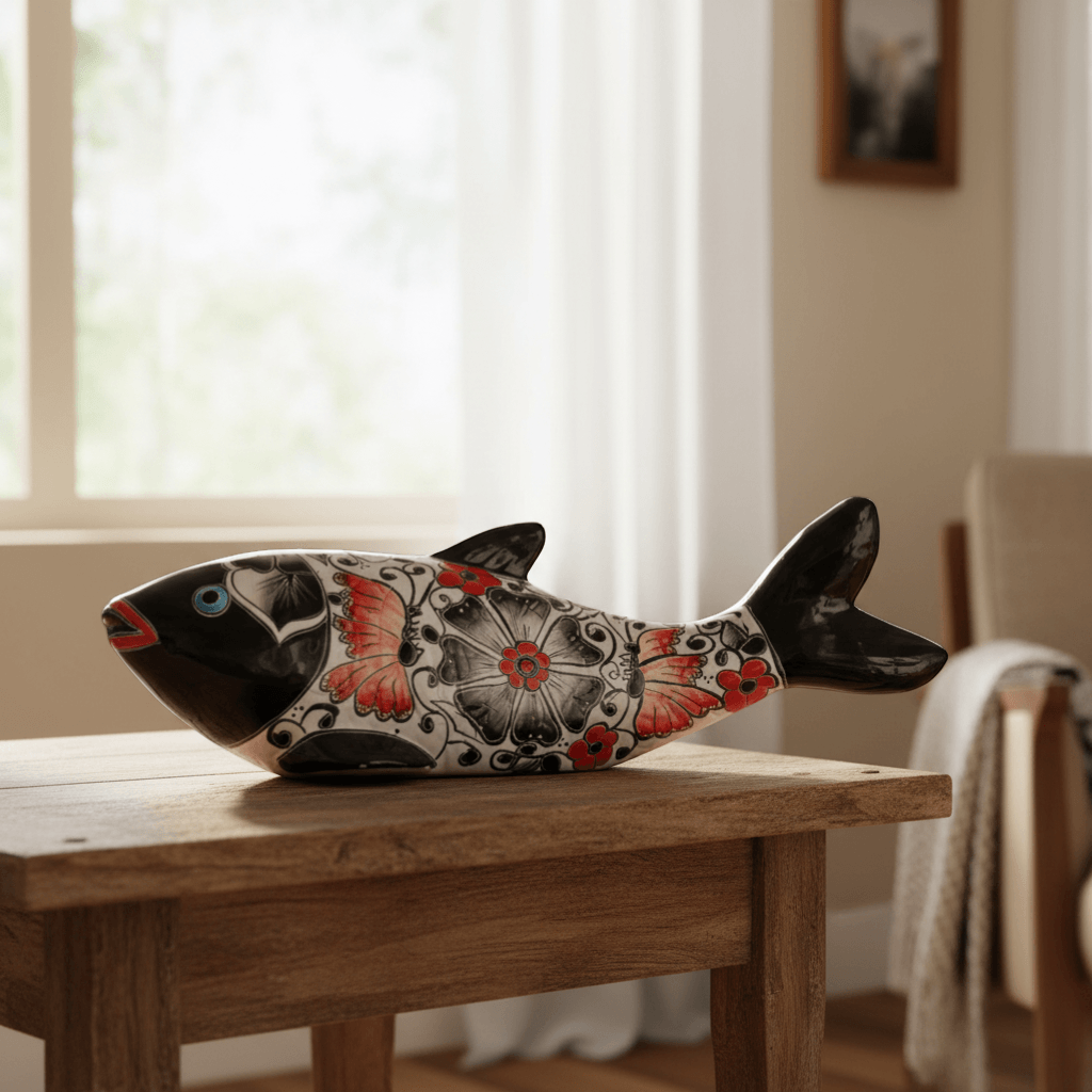Large Handmade Talavera Fish Statue | Colorful Cultural Art