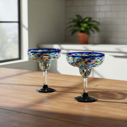 Mexican Hand-Blown Margarita Glass | Blue Confetti Rock Design