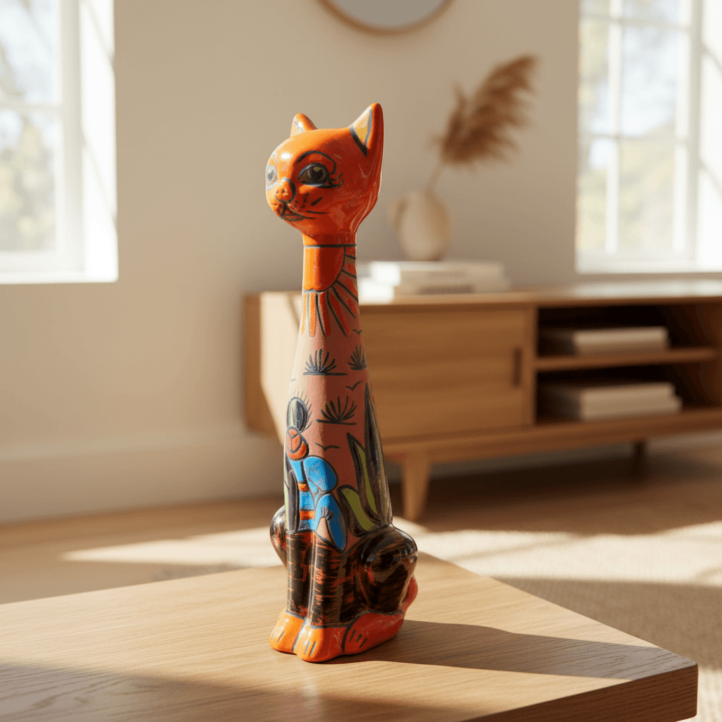 Tall Talavera Cat Statue | Mexican Terracotta Desert Design