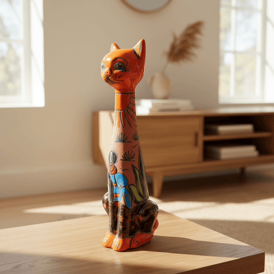 Tall Talavera Cat Statue | Mexican Terracotta Desert Design