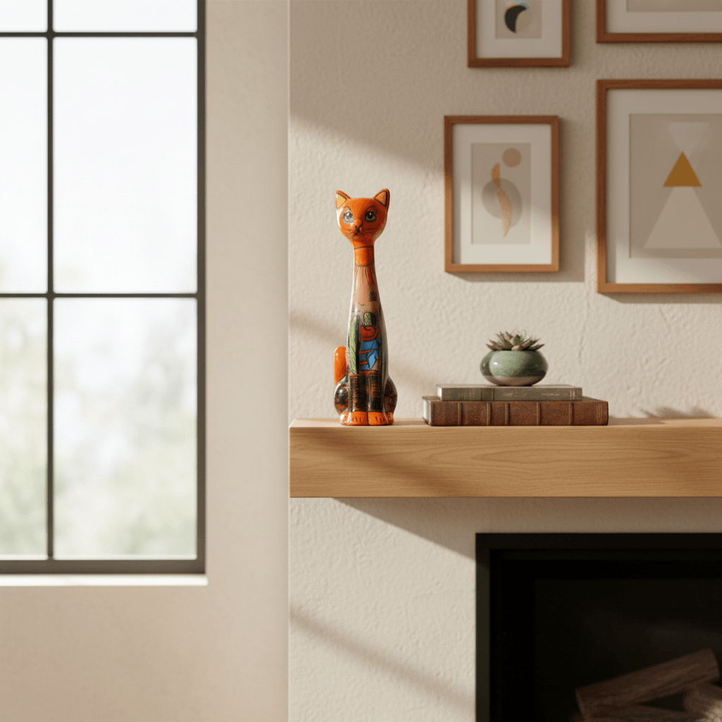 Tall Talavera Cat Statue | Mexican Terracotta Desert Design