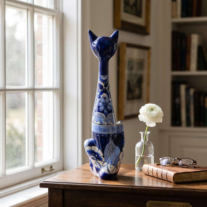 Tall Talavera Cat Statue | Handmade Blue & White Ceramic Figurine