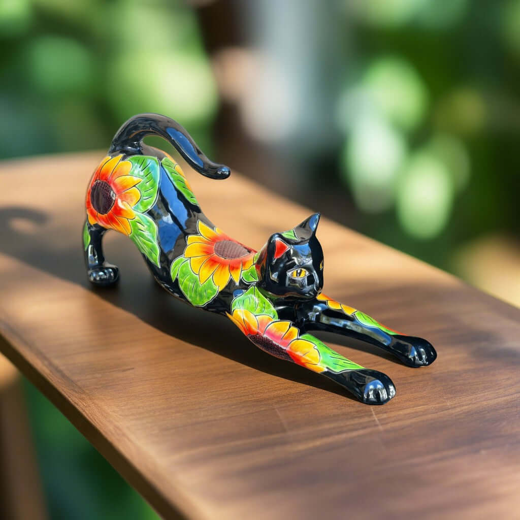Talavera Stretching Cat Statue | Hand-Painted Sunflower Design