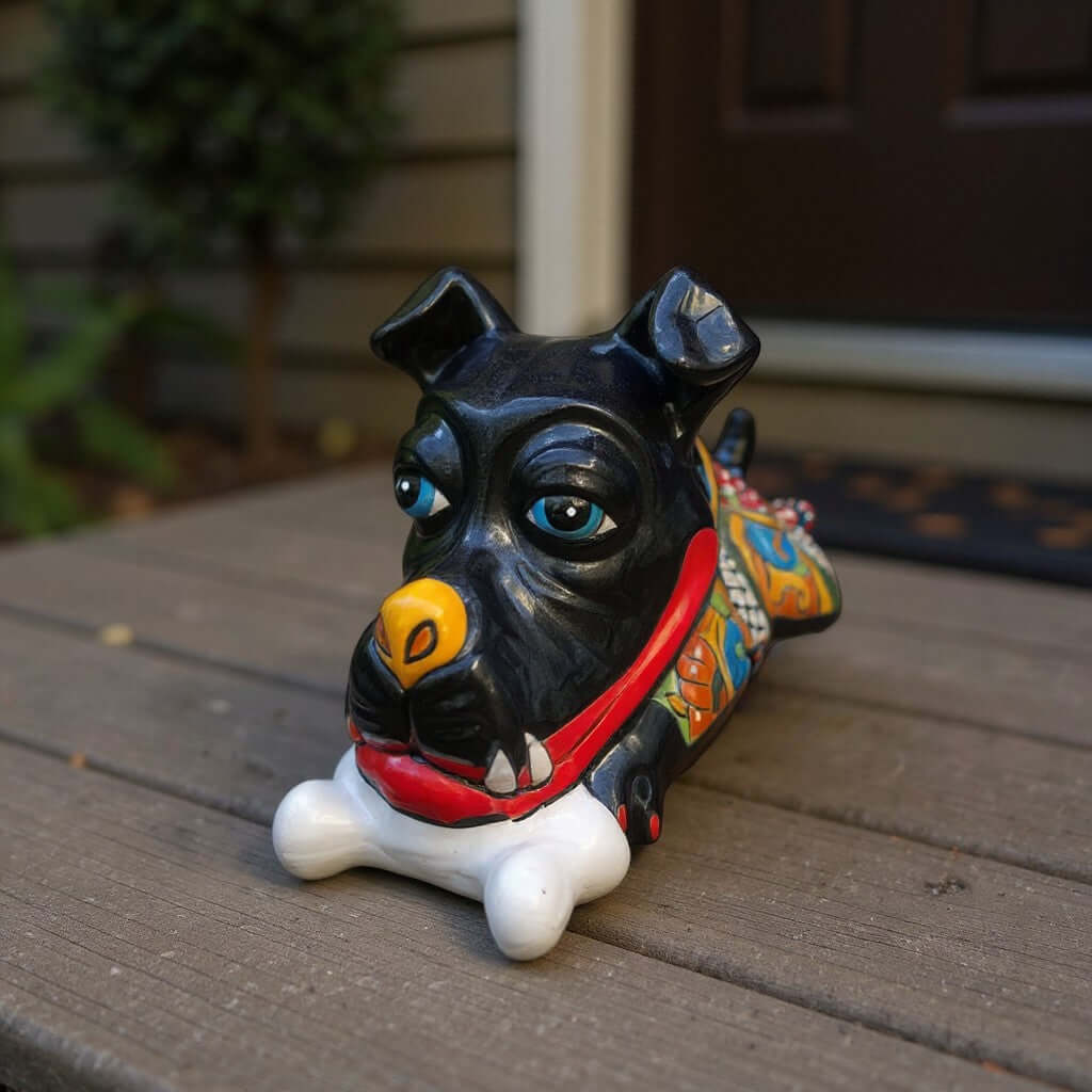 Large Hand-Painted Talavera Ceramic Laying Dog Decor with Bone