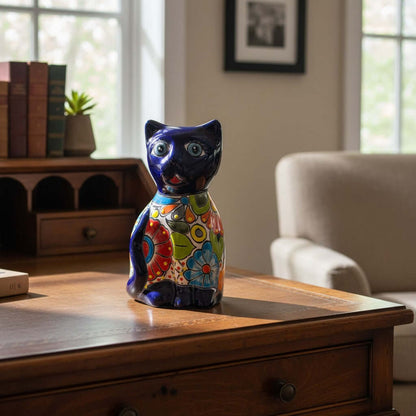 Medium Hand-Painted Talavera Cat Statue | Mexican Folk Art
