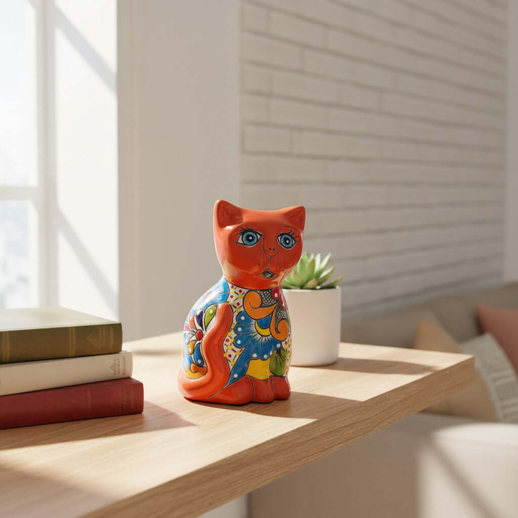 Medium Hand-Painted Talavera Cat Statue | Mexican Folk Art