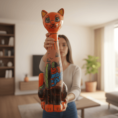 Tall Talavera Cat Statue | Mexican Terracotta Desert Design