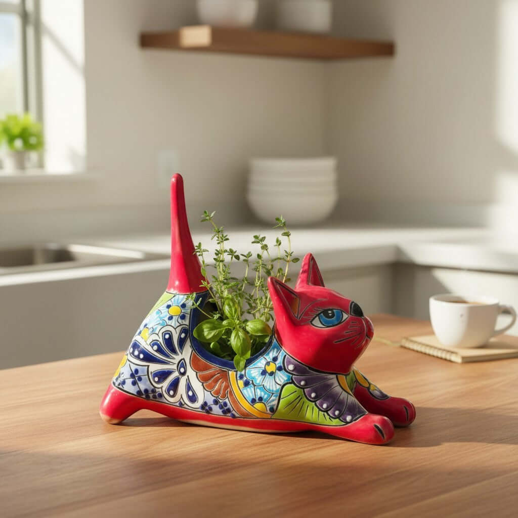 Talavera Cat Planter | Colorful Handmade Stretching Animal Pot