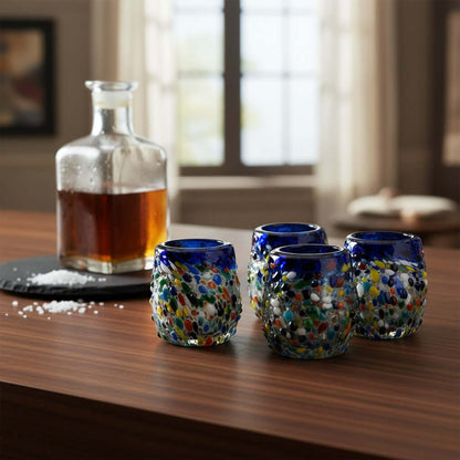 Hand-Blown Confetti Shot Glass | Blue Rim Mexican Glassware