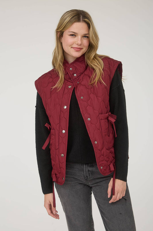 Blu Pepper Tie-Detail Snap-Button Quilted Puffer Western Vest — Mock Neckline, Functional Pockets, Multiple Colors
