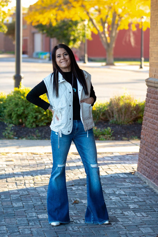 Blu Pepper Tie-Detail Snap-Button Quilted Puffer Western Vest — Mock Neckline, Functional Pockets, Multiple Colors