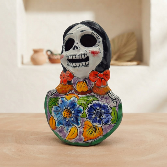 Vibrant Talavera Skeleton Woman Statue | Day of the Dead Decor