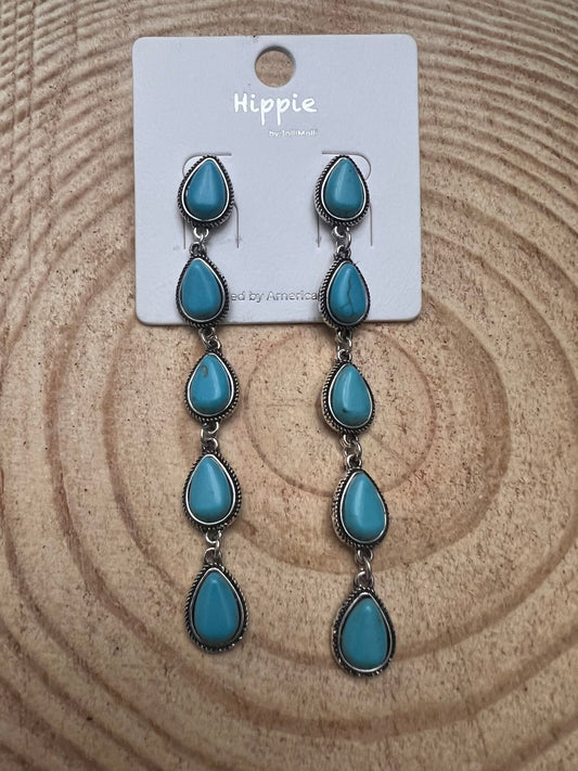 Western 5-Teardrop Faux Turquoise Dangle Earrings — Bold 3½" Statement Drop