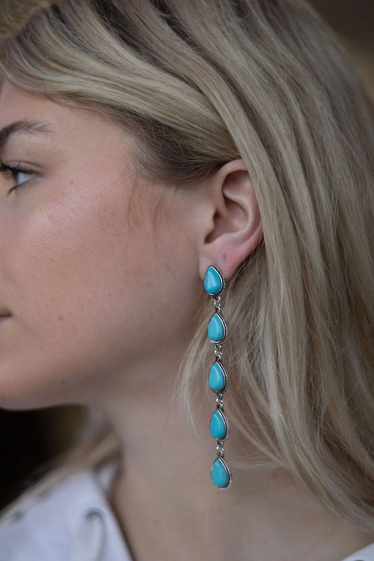 Western 5-Teardrop Faux Turquoise Dangle Earrings — Bold 3½" Statement Drop