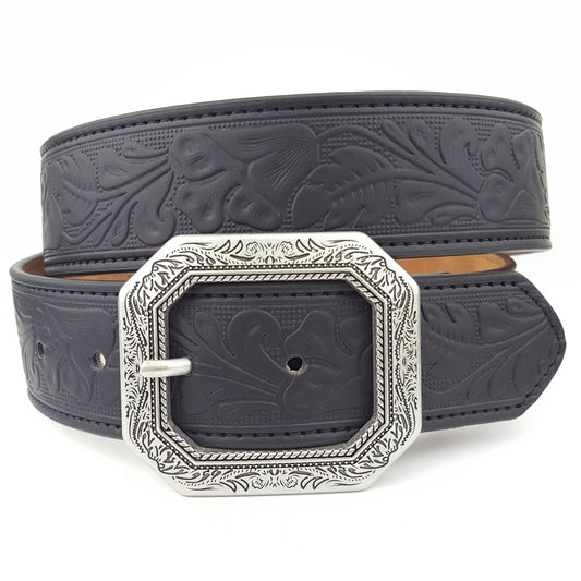 Western Floral Etched Buckle Belt — Square Buckle with Embossed Floral Strap