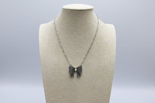 Western Bow Design Rhinestone Ribbon Necklace — Paperclip Chain with Western Pattern Ribbon (18 Inch)
