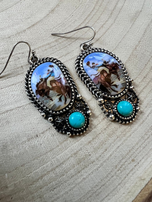 Western Bronc Print Oval & Faux Turquoise Earrings — Matching Rodeo Set