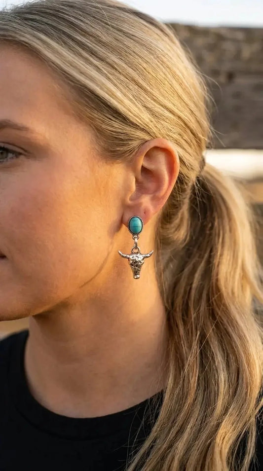 Western Bull Skull Dangle Earrings with Faux Turquoise — 1½" Drop