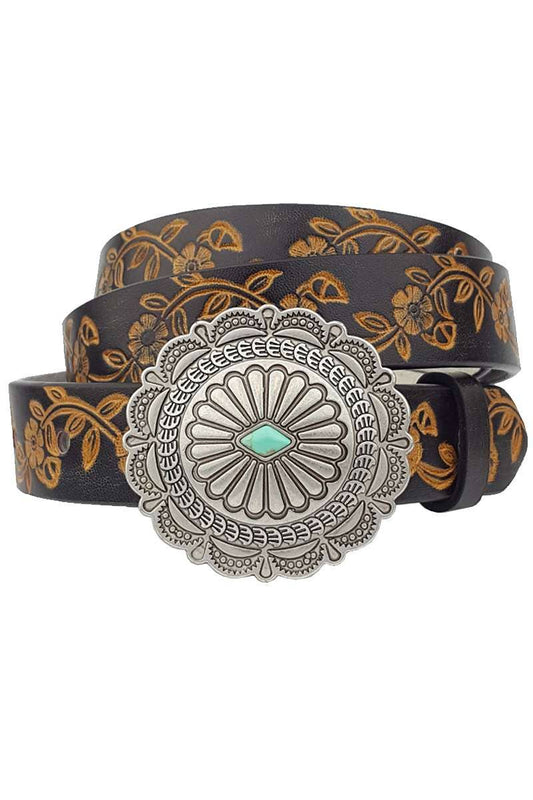Western Concho Buckle Belt — Hand-Painted Leather with Faux Turquoise Center