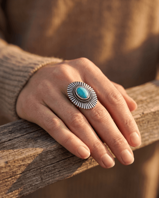 Western Concho & Faux Turquoise Adjustable Statement Ring — 1.5" Bold Western Hand Statement