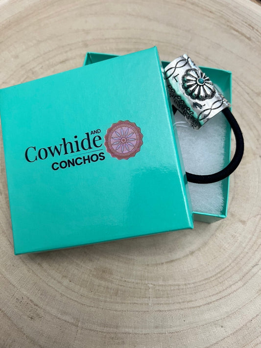Western Concho & Faux Turquoise Stone Hair Tie — Burnished Silver Hair Statement