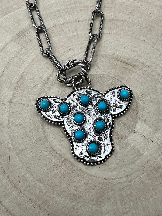 Western Cow Head Pendant Necklace with Faux Turquoise — 18 Inch