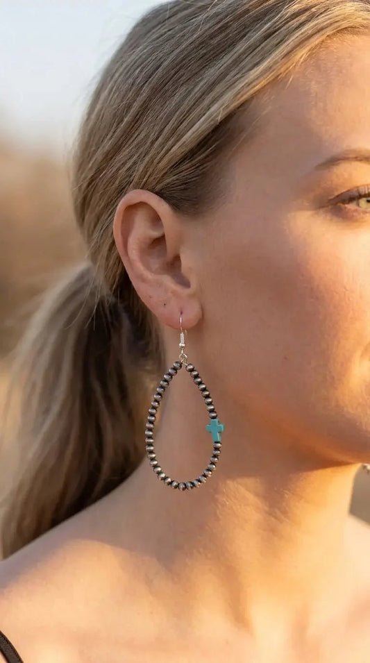 Western Cross Earrings with Faux Turquoise & Pearl Teardrops — 2½" Drop