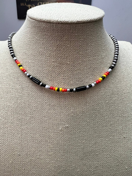 Western Cylinder Seed Bead Choker with Faux Silver Pearls — Multicolor 15 Inch with Extender