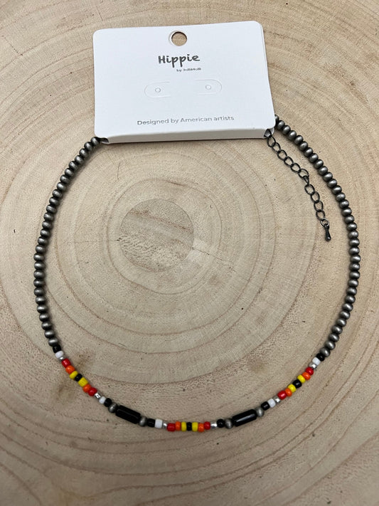 Western Cylinder Seed Bead Choker with Faux Silver Pearls — Multicolor 15 Inch with Extender