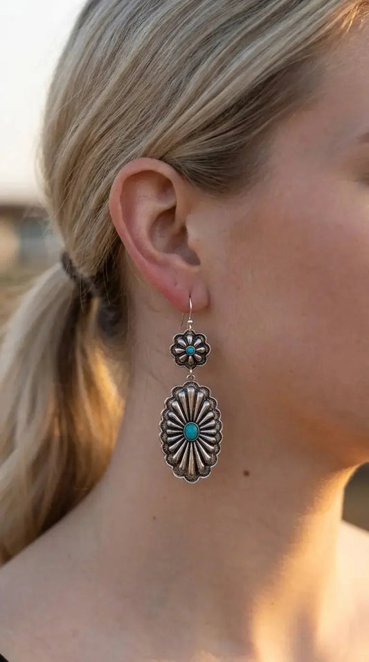 Western Double Concho Earrings with Faux Turquoise — Bold 3" Drop