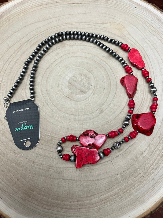 Western Faux Pearl Statement Necklace with Red Stone Centerpiece — 32 Inch Statement