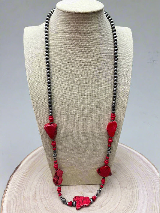Western Faux Pearl Statement Necklace with Red Stone Centerpiece — 32 Inch Statement