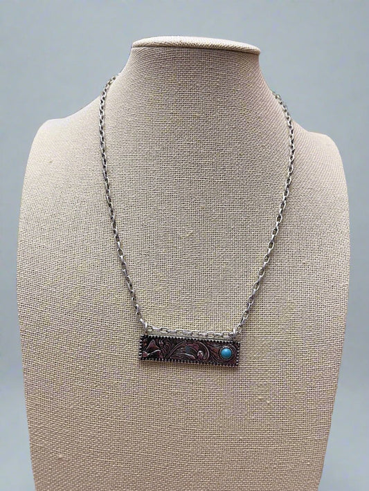Western Faux Tooled Bar Necklace with Faux Turquoise — 18 Inch with Extender