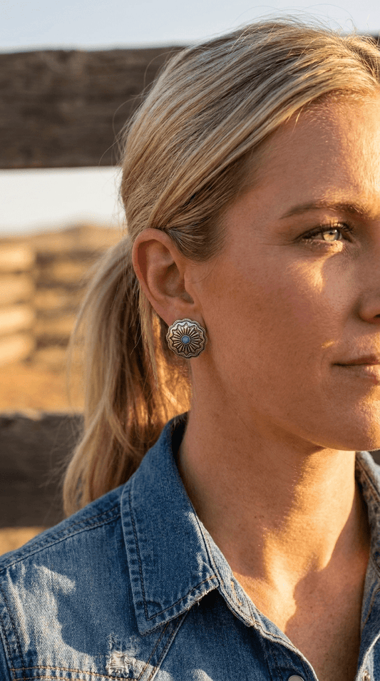 Western Faux Turquoise Concho Post Earrings — Petite 3/4" Drop