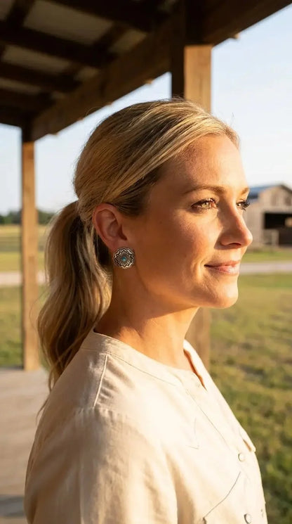 Western Faux Turquoise Concho Post Earrings — Petite 3/4" Drop