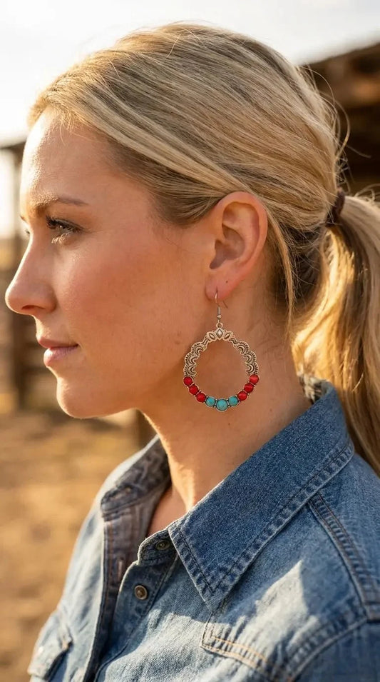 Western Faux Turquoise & Coral Hoop Earrings — 1¾" Drop Southwestern Style