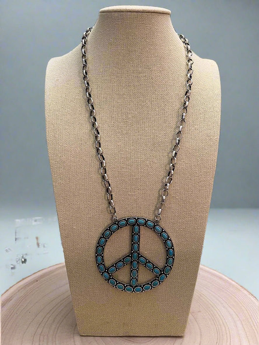 Western Turquoise Peace Pendant Necklace — 22 Inch Statement with 3" Pendant