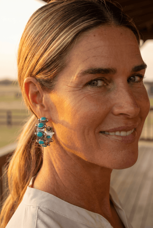 Western Faux Turquoise Small Hoop Earrings — Oxidized Silver 1½" Drop