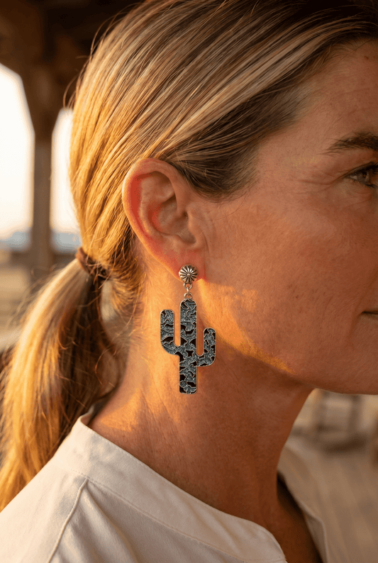 Western Glitter Enamel Cactus Dangle Earrings — Playful 2½" Drop