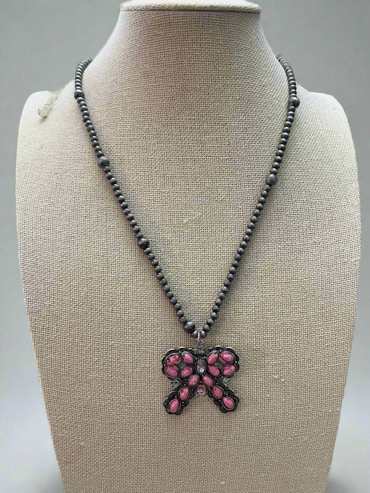 Western Pink Bow Pearl Necklace — Faux Pearls with Pink Bow Detail (18 Inch)
