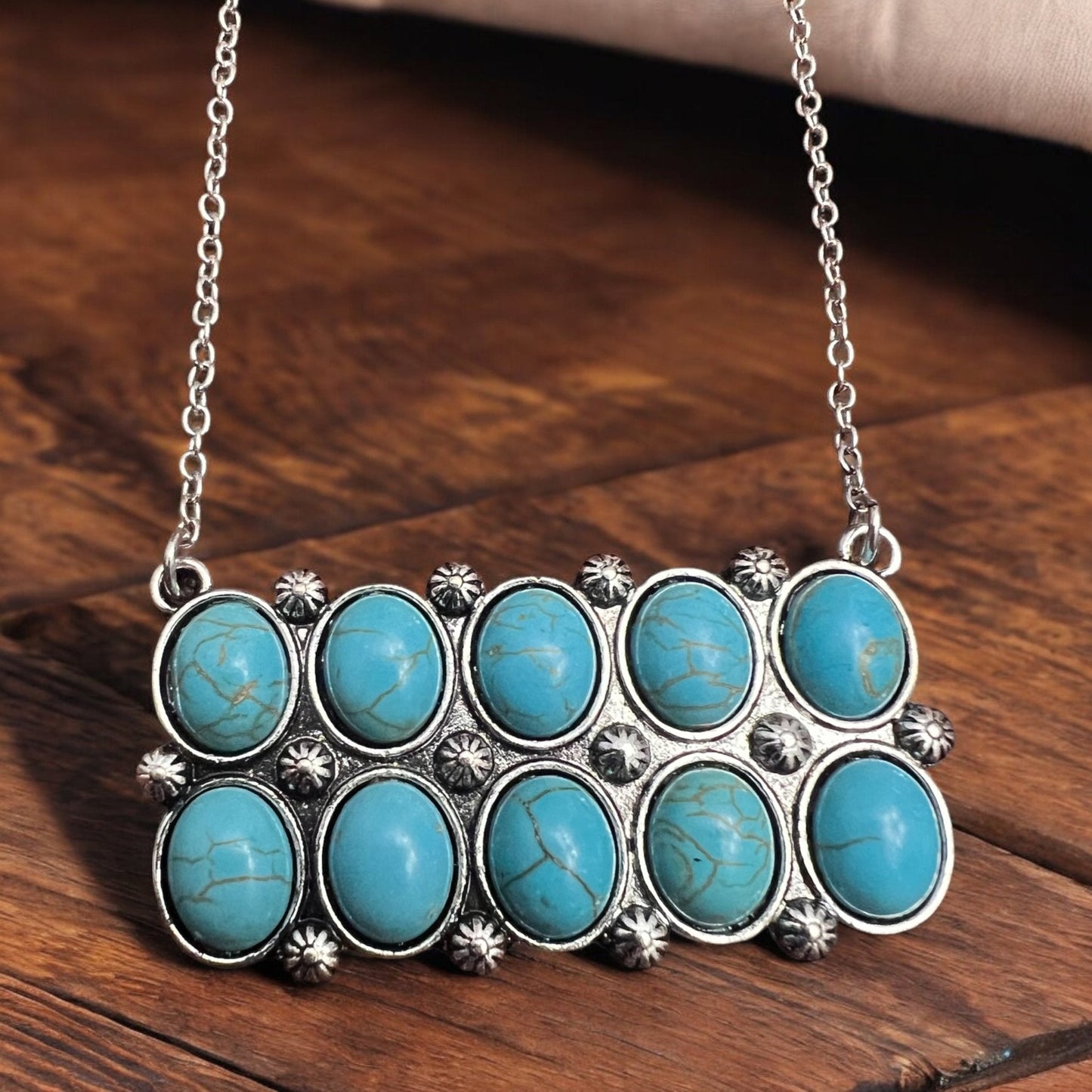 Western Rectangle Faux Turquoise Pendant Necklace — 4" Statement Pendant (18 Inch)