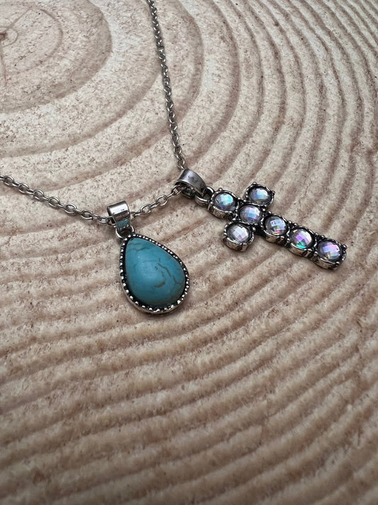 Western Rhinestone Cross & Faux Turquoise Dangle Necklace — 18 Inch with Extender