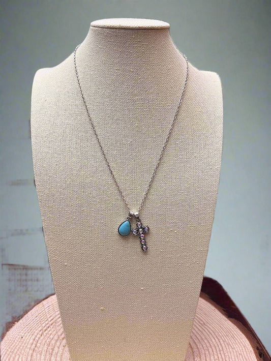 Western Rhinestone Cross & Faux Turquoise Dangle Necklace — 18 Inch with Extender