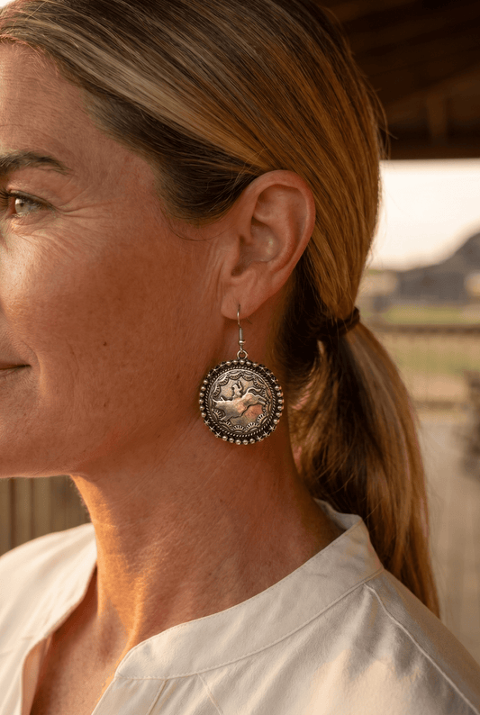 Western Rodeo Cowboy Pendant Earrings — Oxidized Silver Western Statement