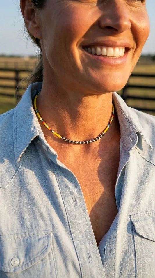 Western Seed Bead Choker with Faux Navajo Pearls — 13 Inch with Extender